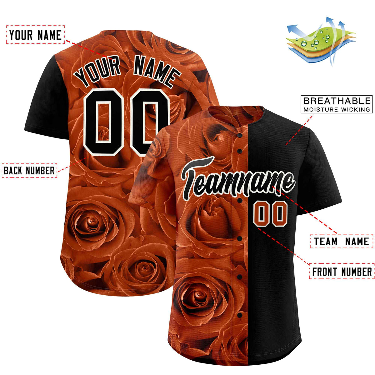 Custom Texas Orange Black Split Rose Print Authentic Baseball Jersey| KXKSHOP