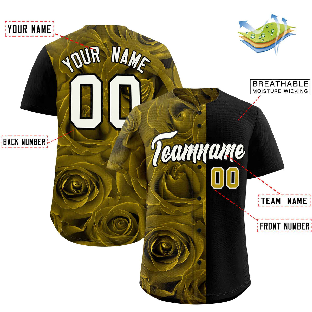 Custom Old Gold Black Split Rose Print Authentic Baseball Jersey| KXKSHOP