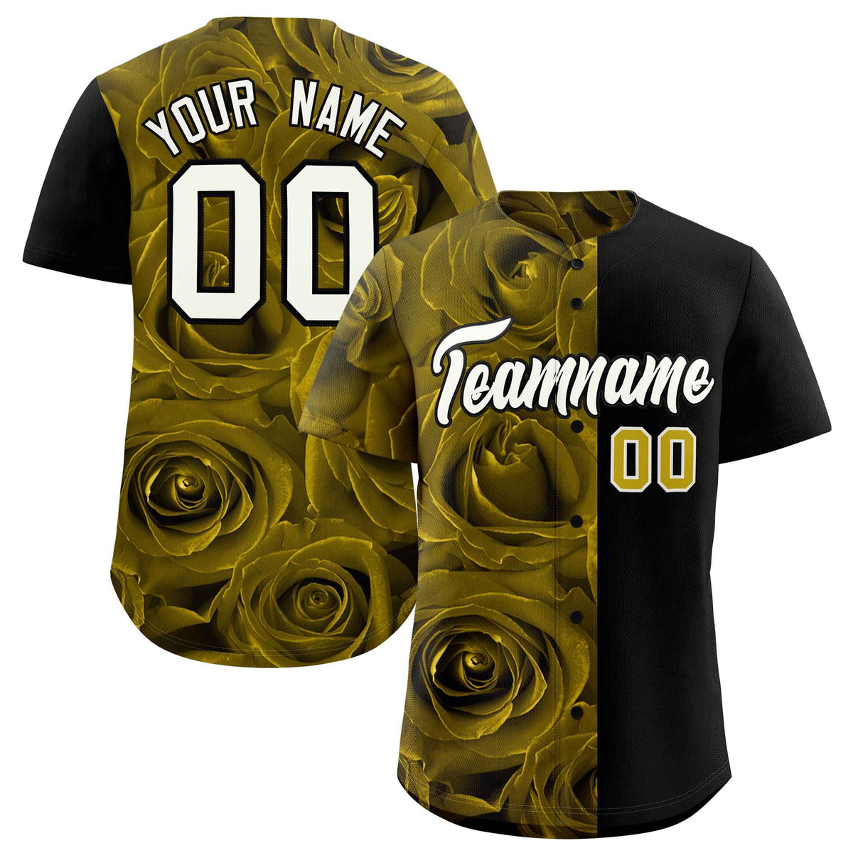 Custom Old Gold Black Split Rose Print Authentic Baseball Jersey| KXKSHOP