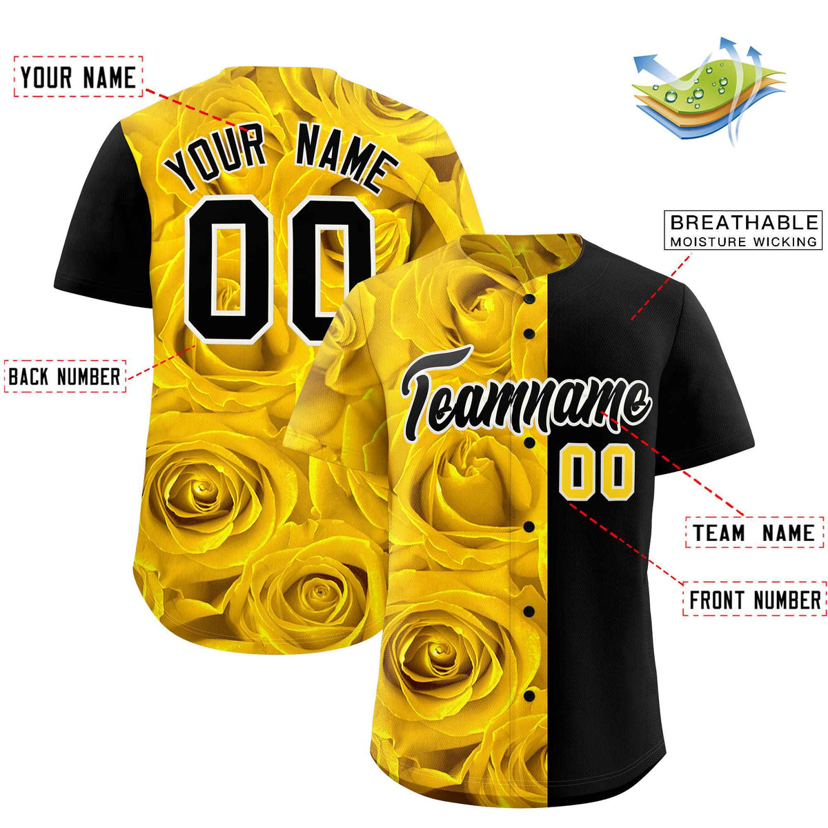 Custom Gold Black Split Rose Print Authentic Baseball Jersey| KXKSHOP