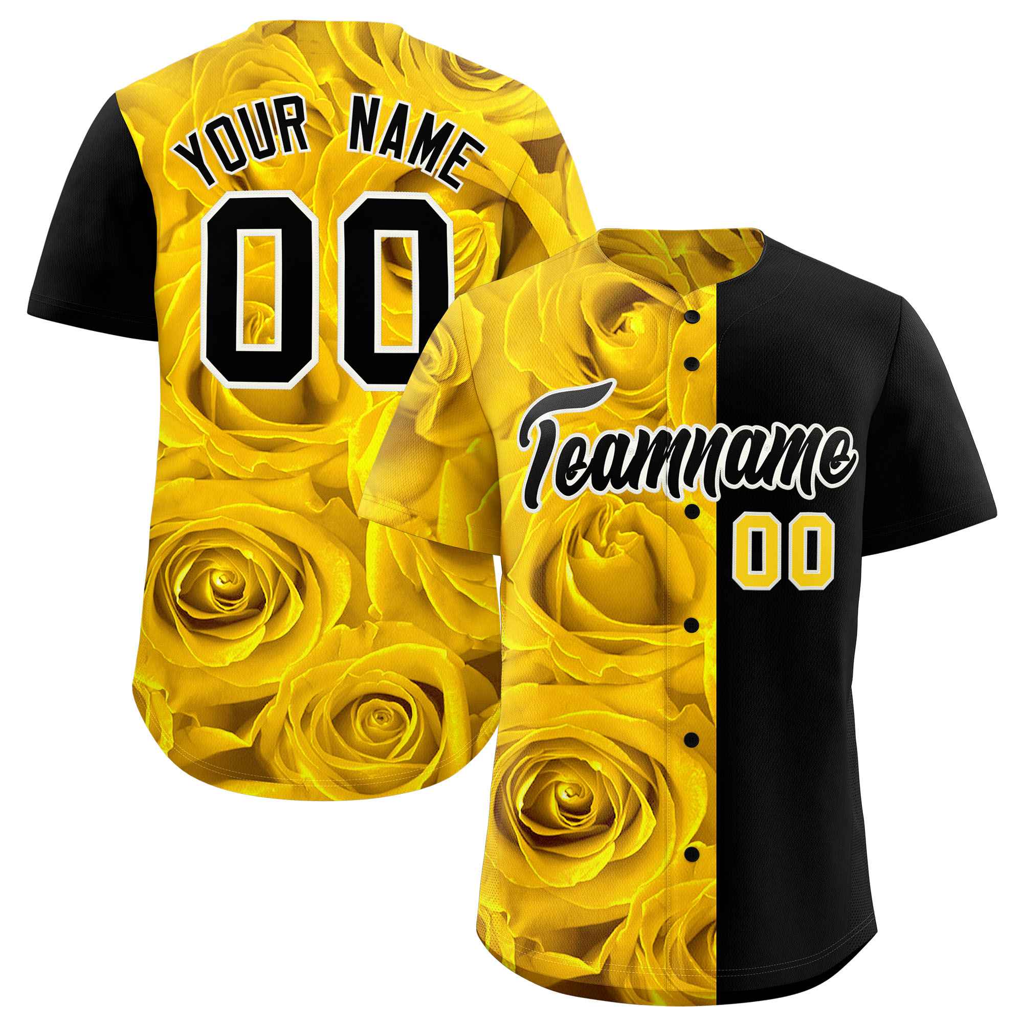 Custom Gold Black Split Rose Print Authentic Baseball Jersey| KXKSHOP