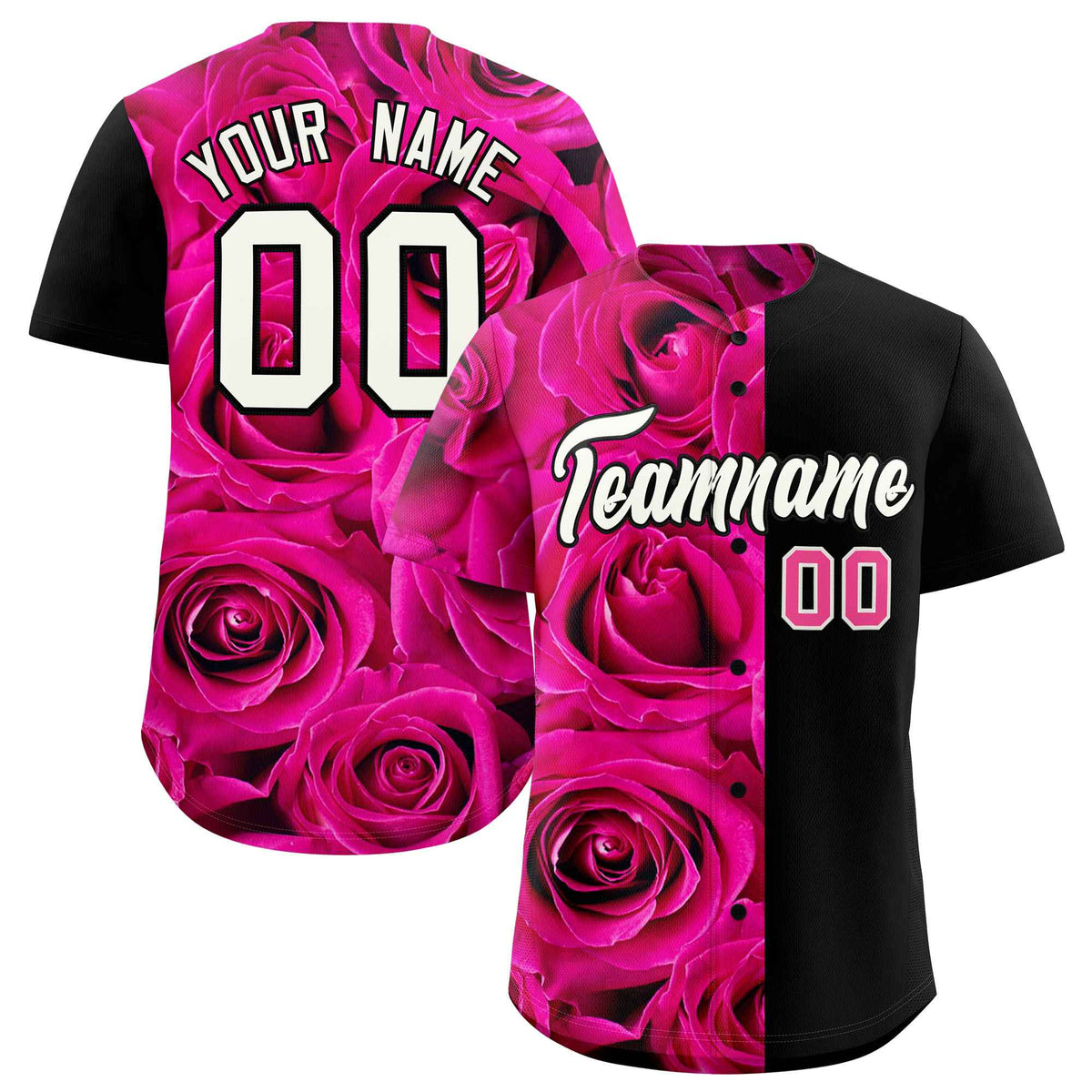 Custom Pink Black Split Rose Print Authentic Baseball Jersey| KXKSHOP