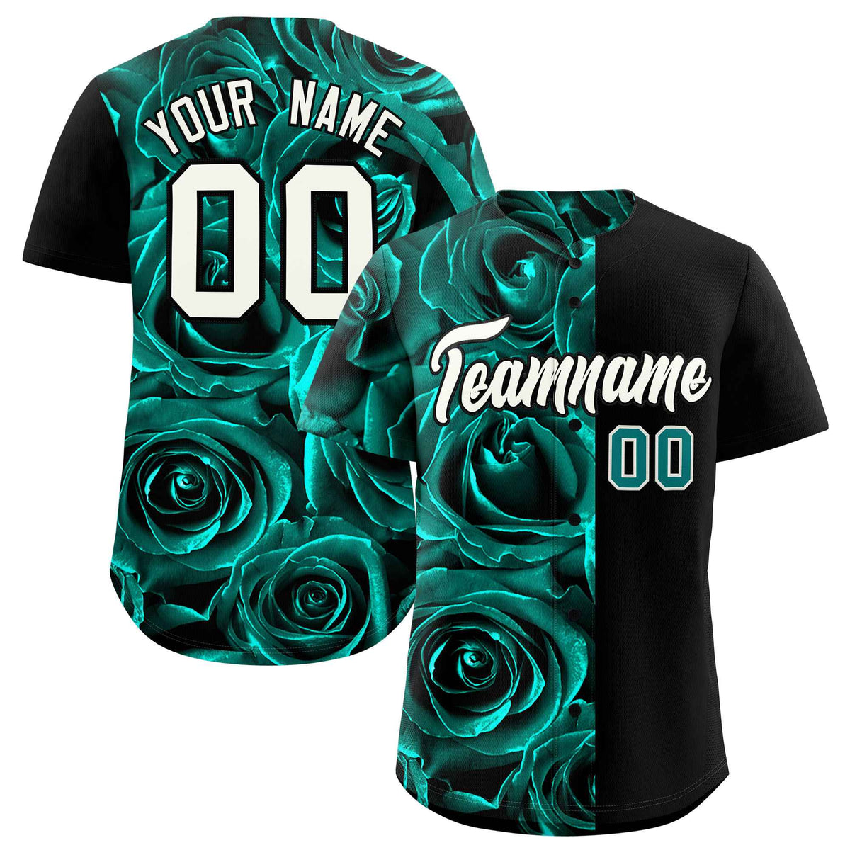 Custom Aqua Black Split Rose Print Authentic Baseball Jersey| KXKSHOP