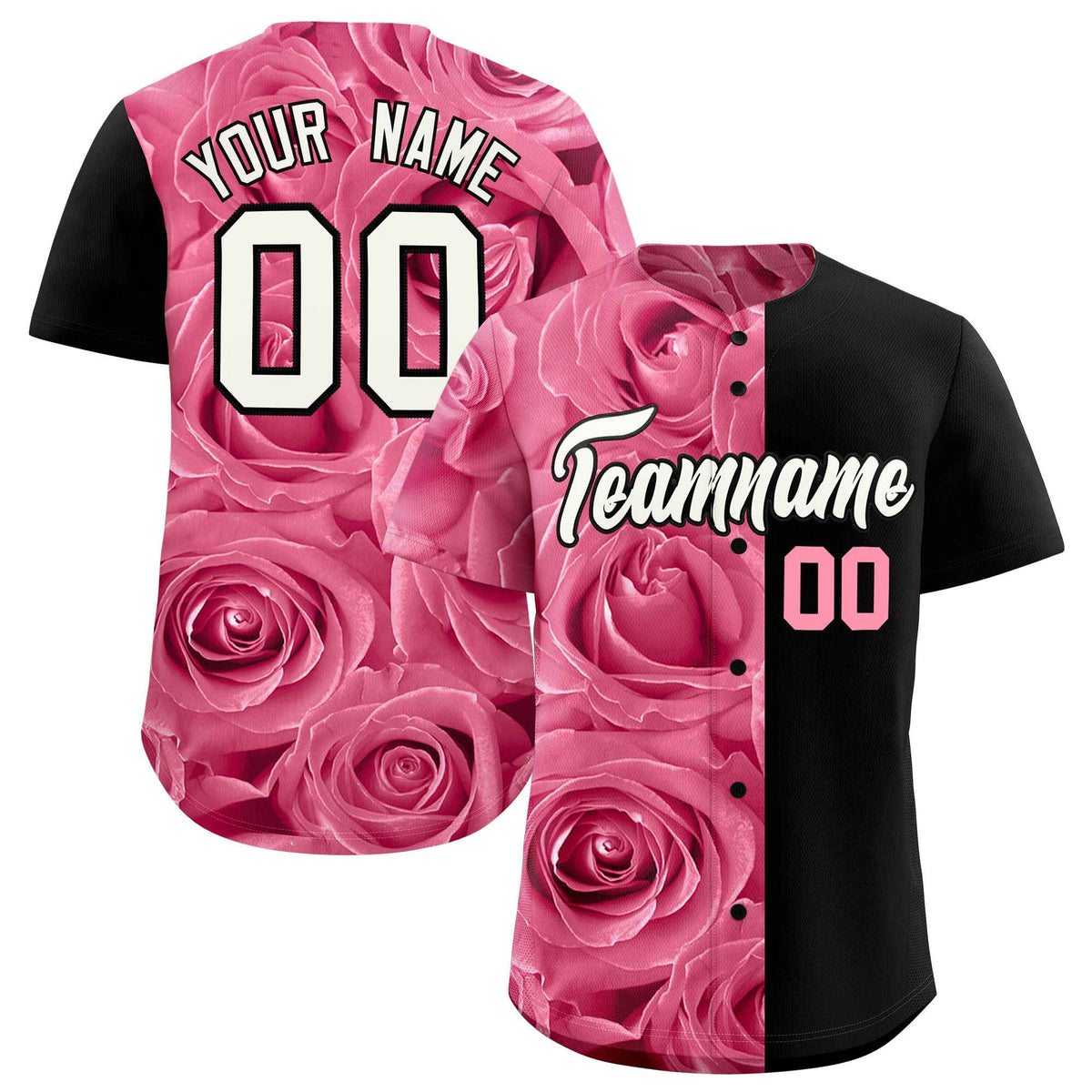 Custom Light Pink Black Split Rose Print Authentic Baseball Jersey| KXKSHOP