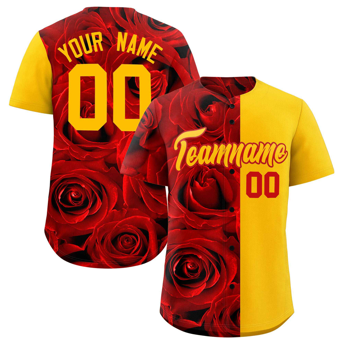 Custom Red Yellow Split Rose Print Authentic Baseball Jersey| KXKSHOP