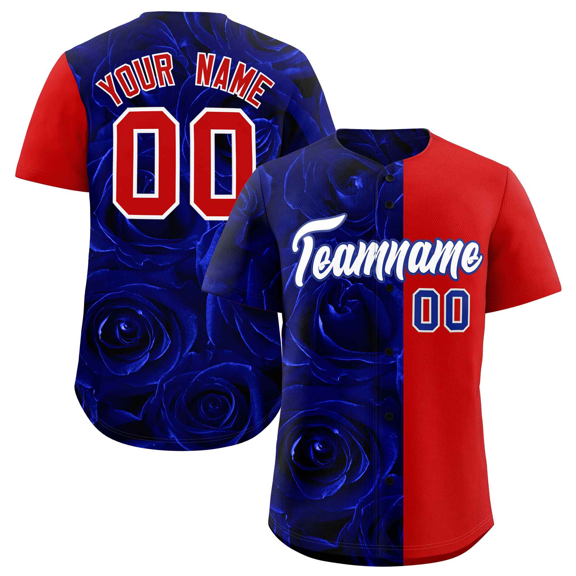 Custom Royal Red Split Rose Print Authentic Baseball Jersey| KXKSHOP