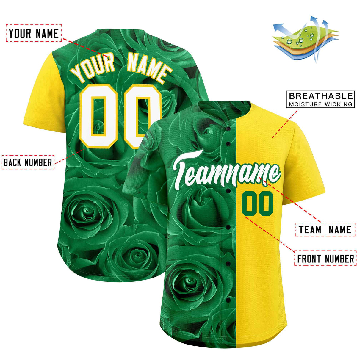 Custom Kelly Green Gold Split Rose Print Authentic Baseball Jersey| KXKSHOP