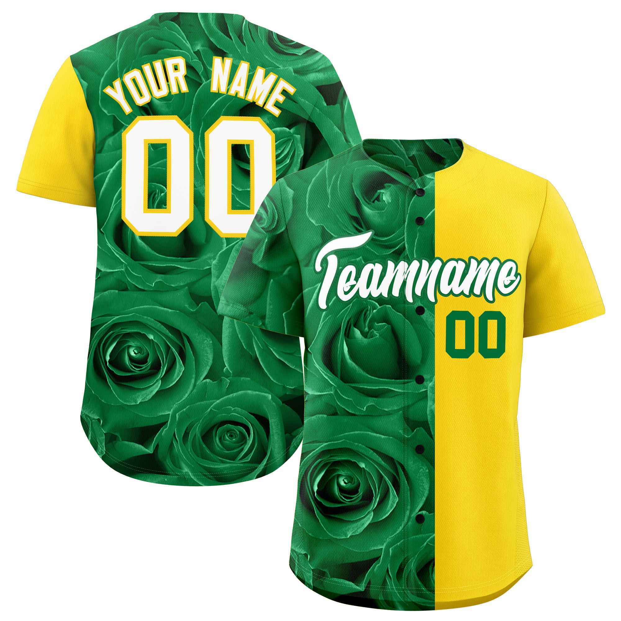 Custom Kelly Green Gold Split Rose Print Authentic Baseball Jersey| KXKSHOP