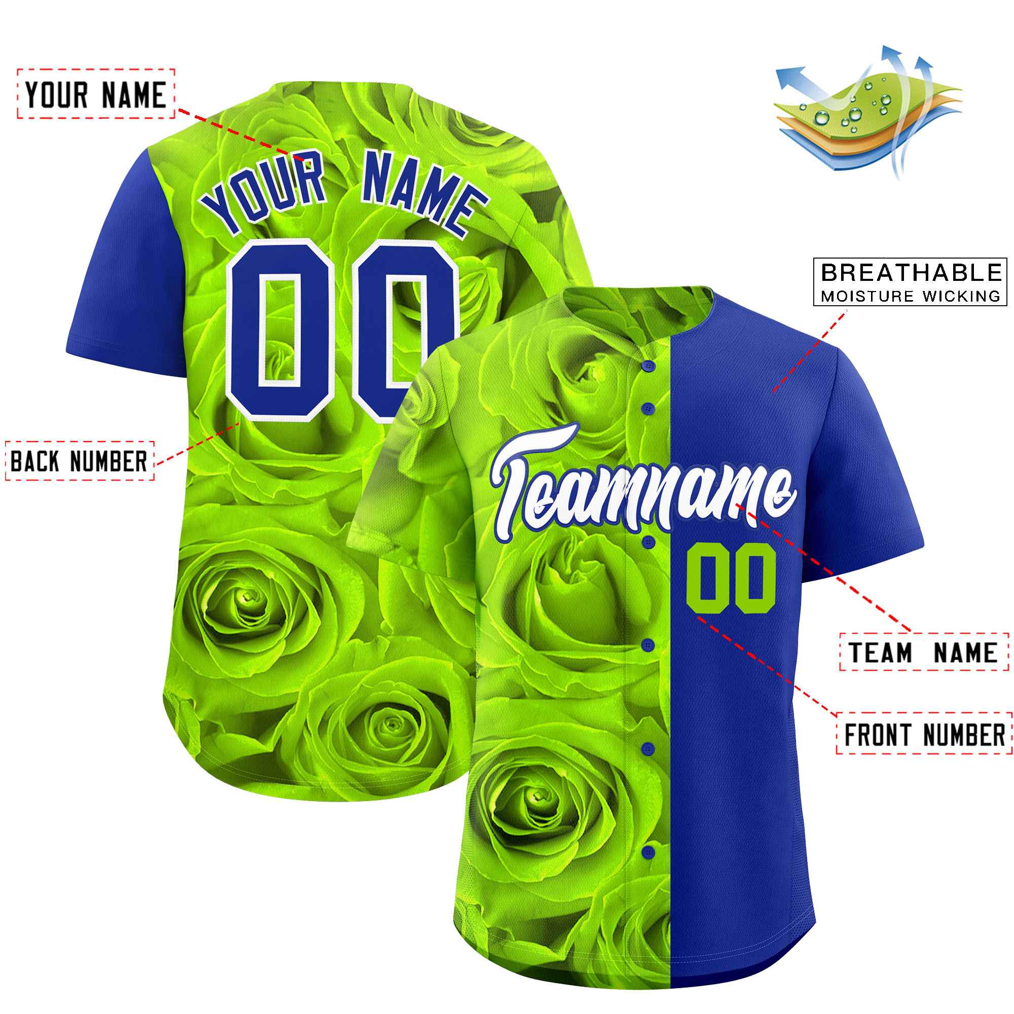 Custom Neon Green Royal Split Rose Print Authentic Baseball Jersey| KXKSHOP