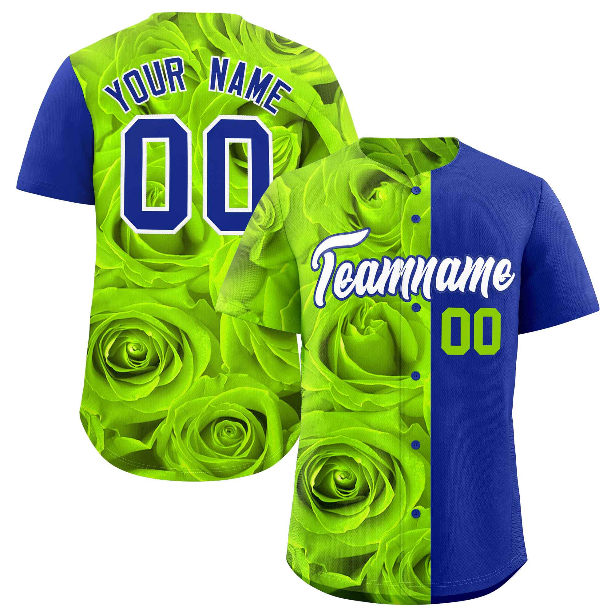 Custom Neon Green Royal Split Rose Print Authentic Baseball Jersey| KXKSHOP
