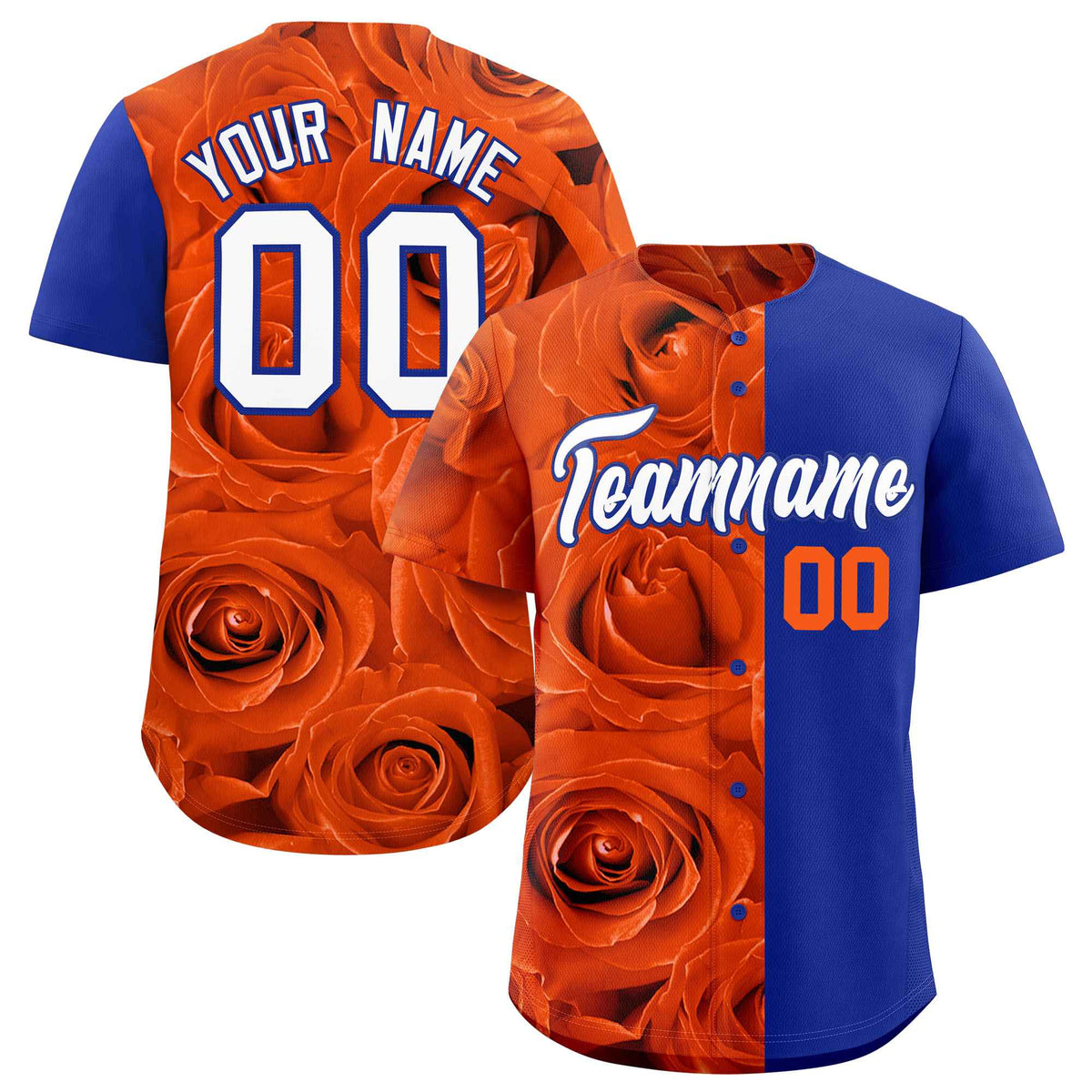 Custom Orange Royal Split Rose Print Authentic Baseball Jersey| KXKSHOP