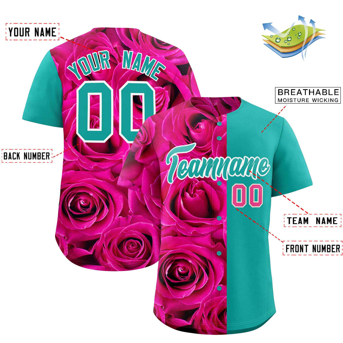Custom Pink Aqua Split Rose Print Authentic Baseball Jersey| KXKSHOP