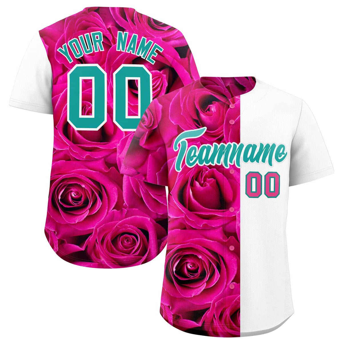 Custom Pink White Split Rose Print Authentic Baseball Jersey| KXKSHOP