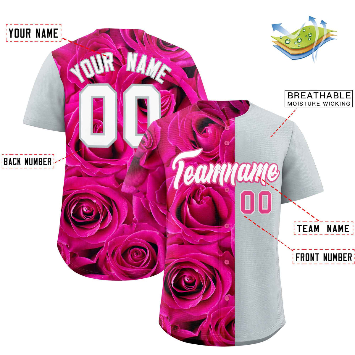Custom Pink Silver Split Rose Print Authentic Baseball Jersey| KXKSHOP