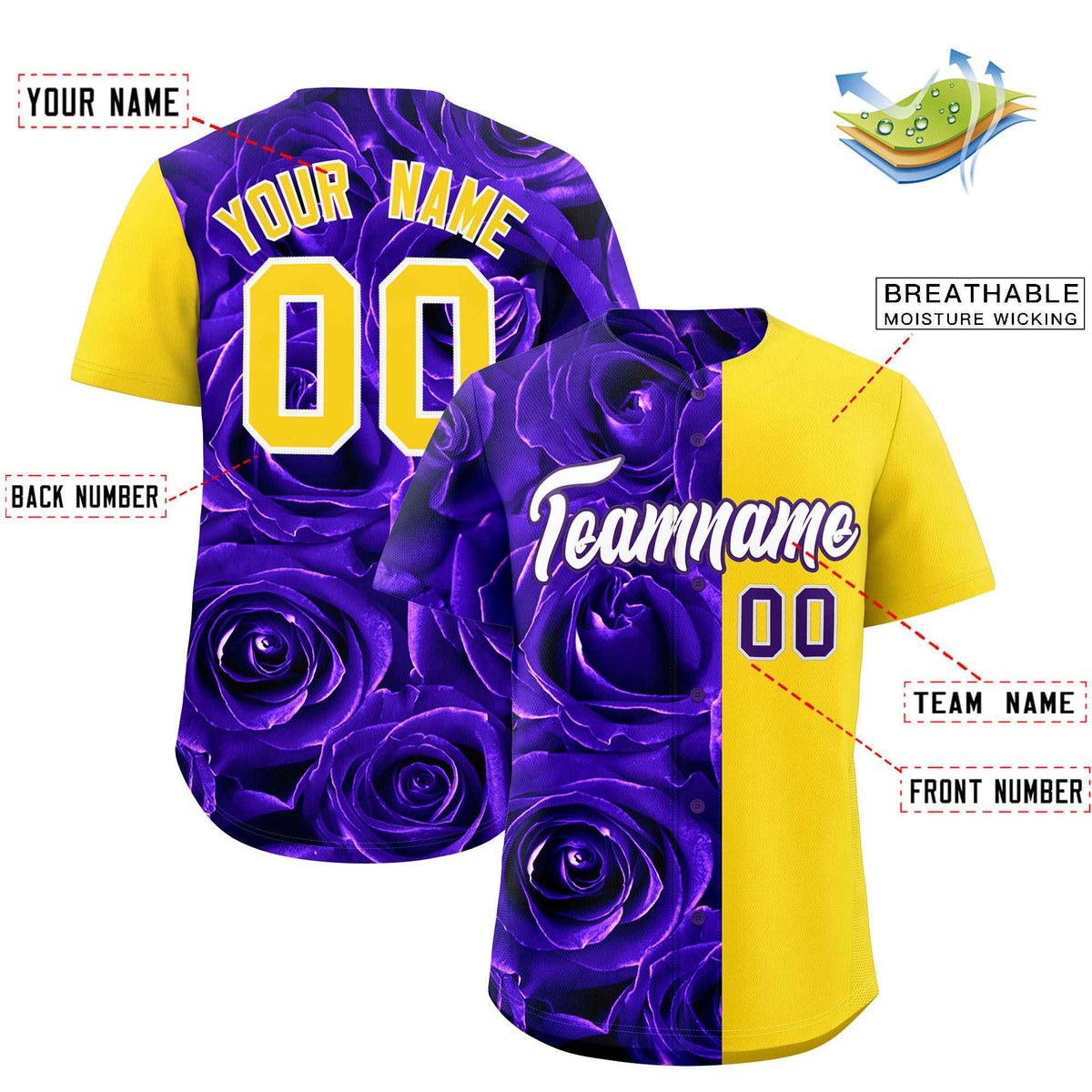Custom Purple Gold Split Rose Print Authentic Baseball Jersey| KXKSHOP