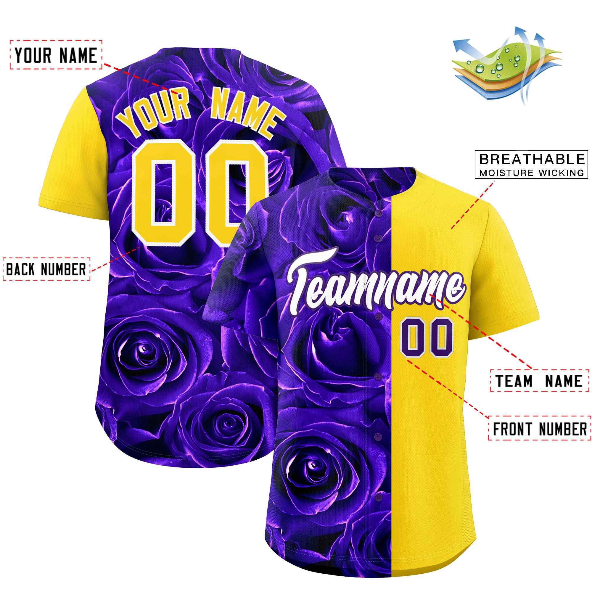 Custom Purple Gold Split Rose Print Authentic Baseball Jersey| KXKSHOP