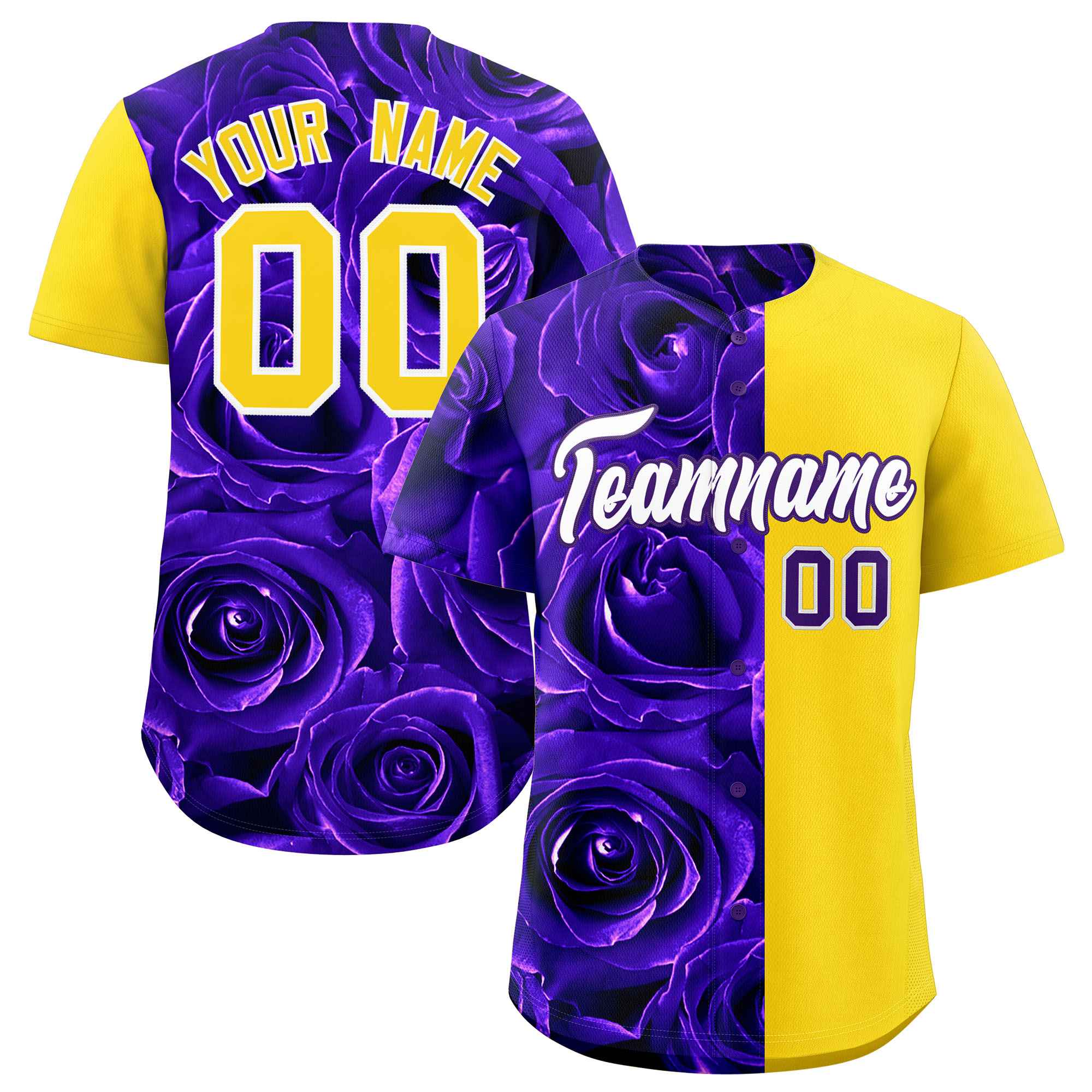 Custom Purple Gold Split Rose Print Authentic Baseball Jersey| KXKSHOP