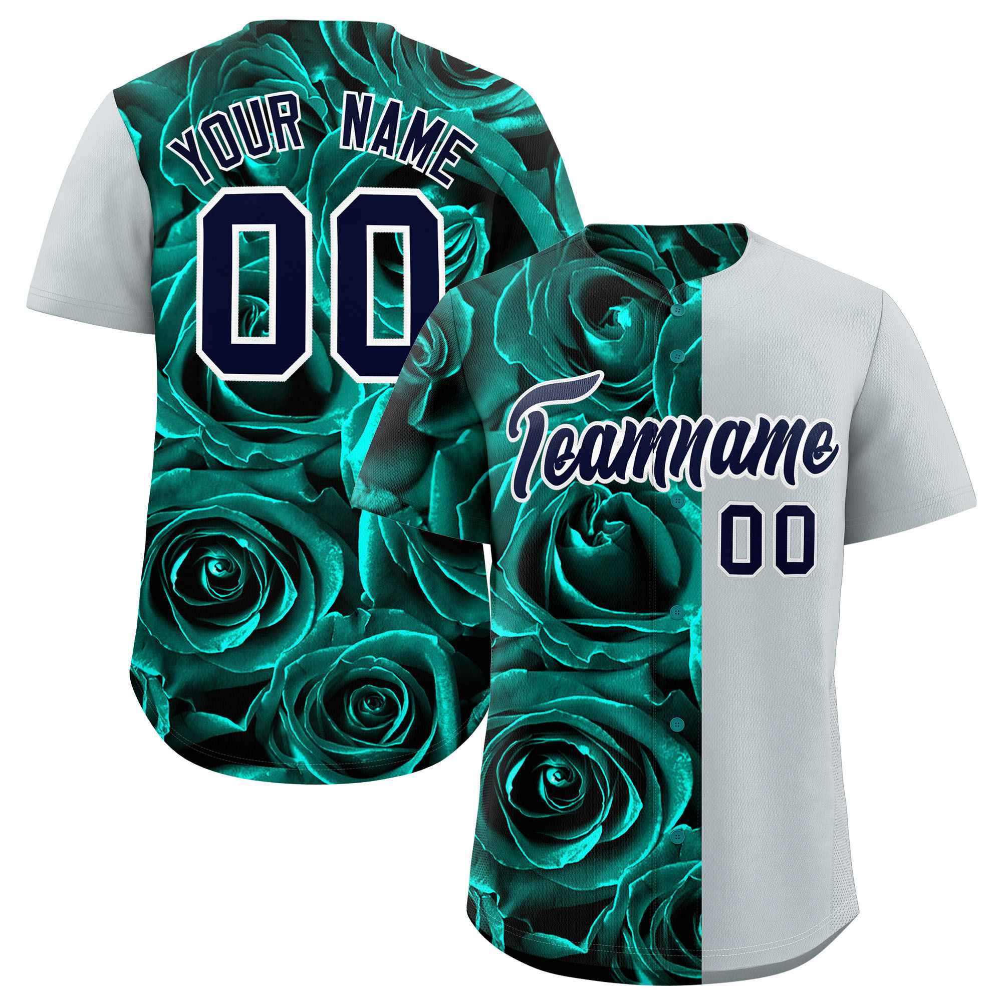 Custom Aqua Silver Split Rose Print Authentic Baseball Jersey| KXKSHOP