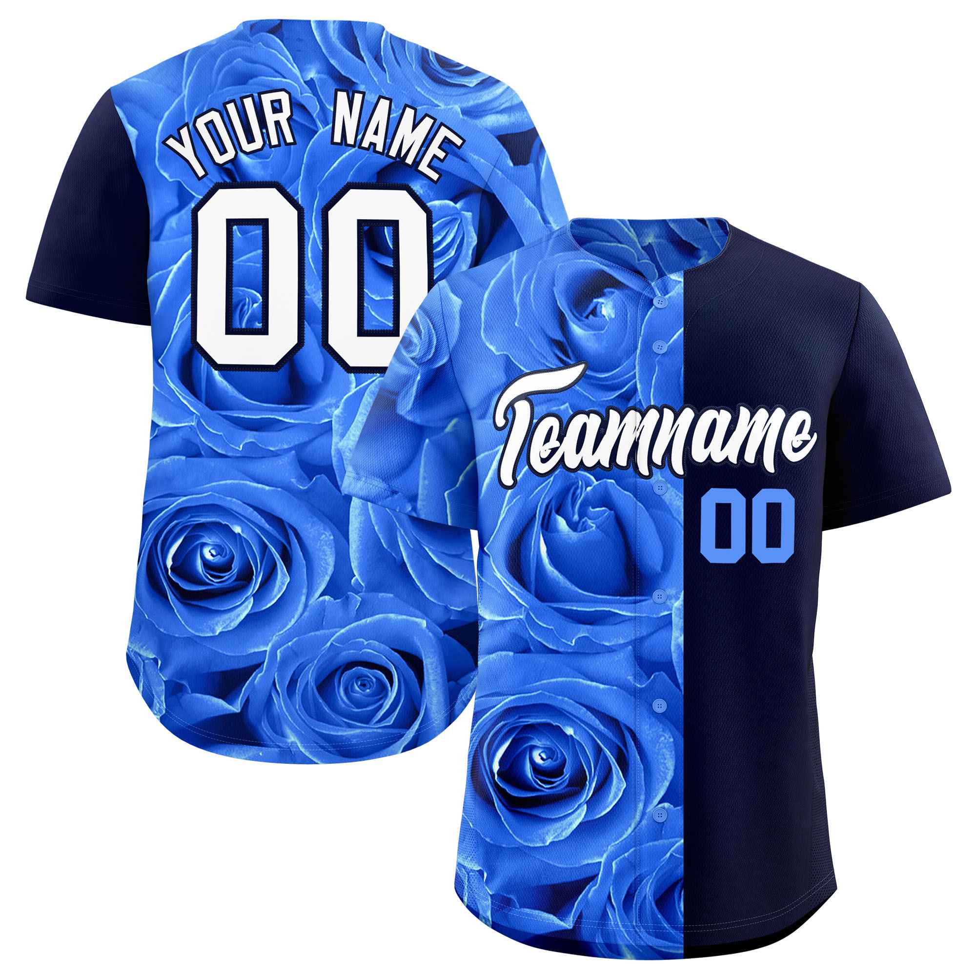 Custom Powder Blue Navy Split Rose Print Authentic Baseball Jersey| KXKSHOP