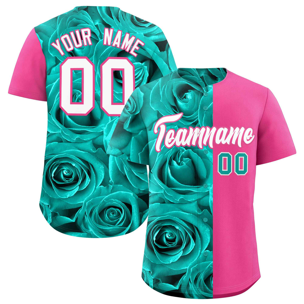 Custom Aqua Pink Split Rose Print Authentic Baseball Jersey| KXKSHOP