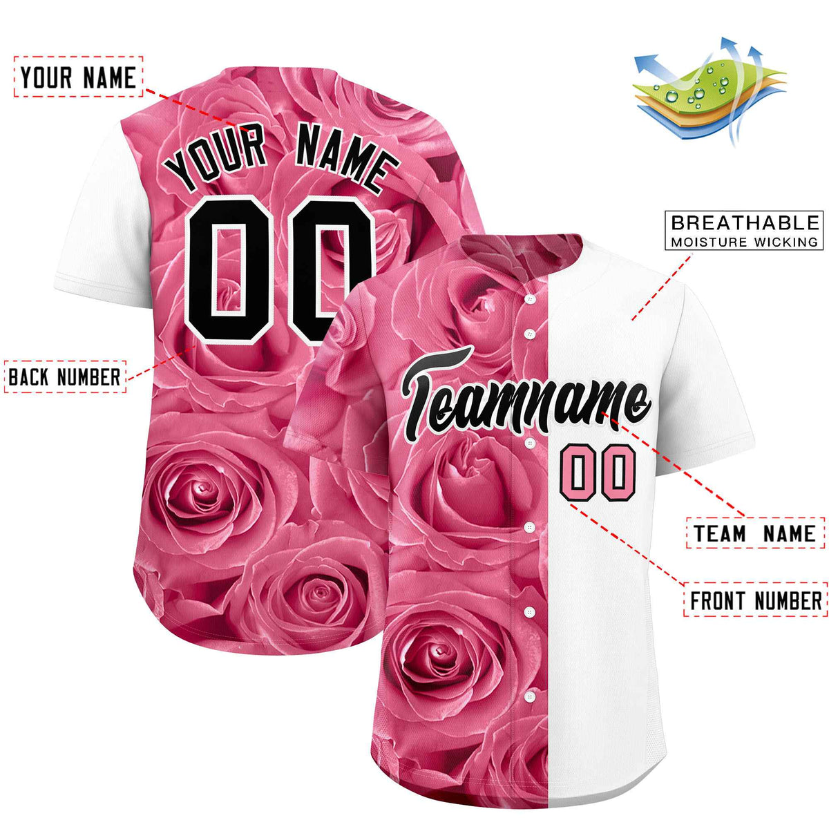 Custom Light Pink White Split Rose Print Authentic Baseball Jersey| KXKSHOP