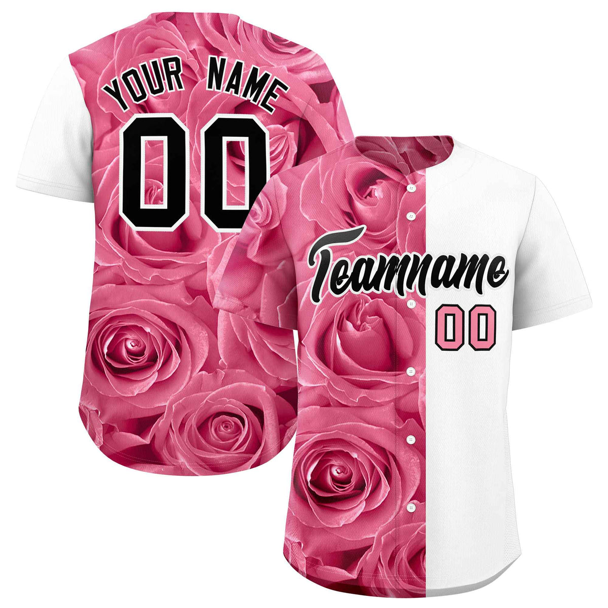 Custom Light Pink White Split Rose Print Authentic Baseball Jersey| KXKSHOP