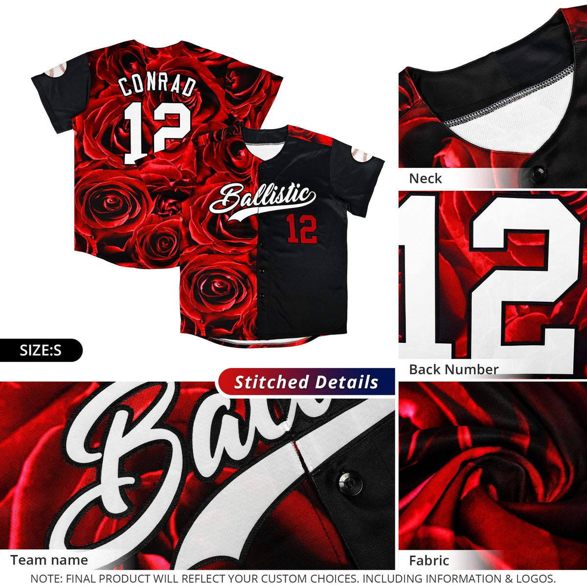 Custom Red Black Split Rose Print Authentic Baseball Jersey| KXKSHOP