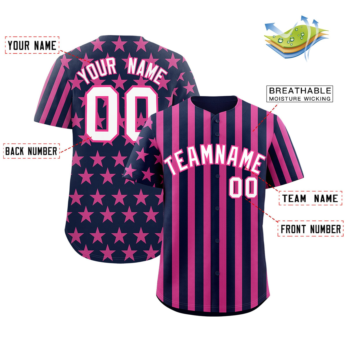 Custom Pink Navy White American Flag Graffiti Pattern Baseball Jersey| KXKSHOP