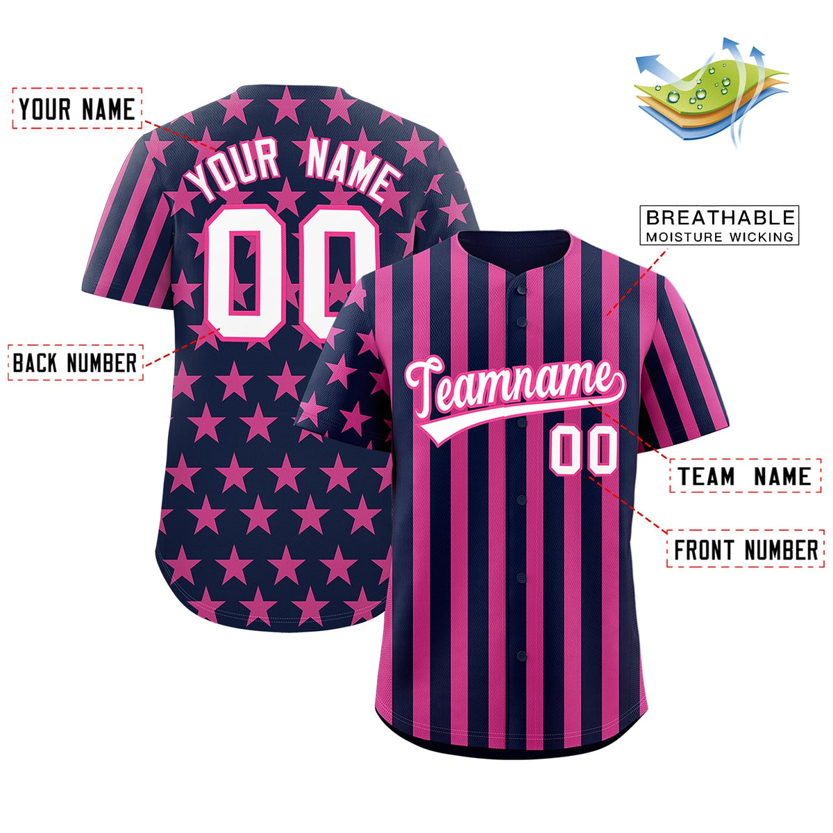 Custom Pink Navy White American Flag Graffiti Pattern Baseball Jersey| KXKSHOP