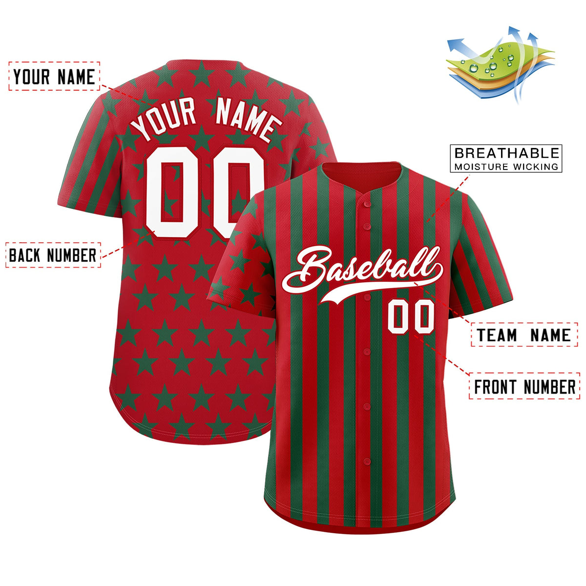 Custom Red Kelly Green American Flag Graffiti Pattern Baseball Jersey| KXKSHOP