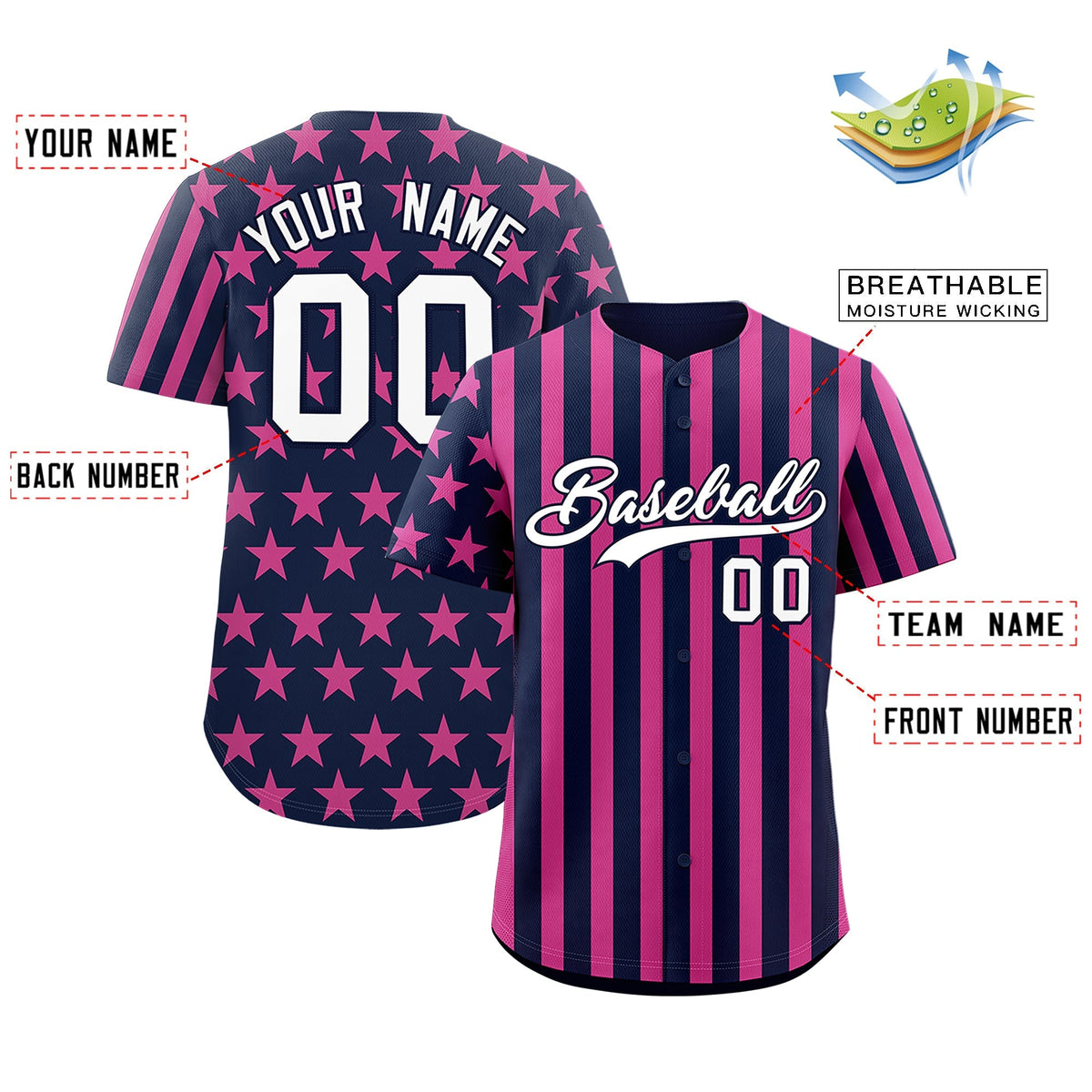 Custom Navy Pink American Flag Graffiti Pattern Baseball Jersey| KXKSHOP