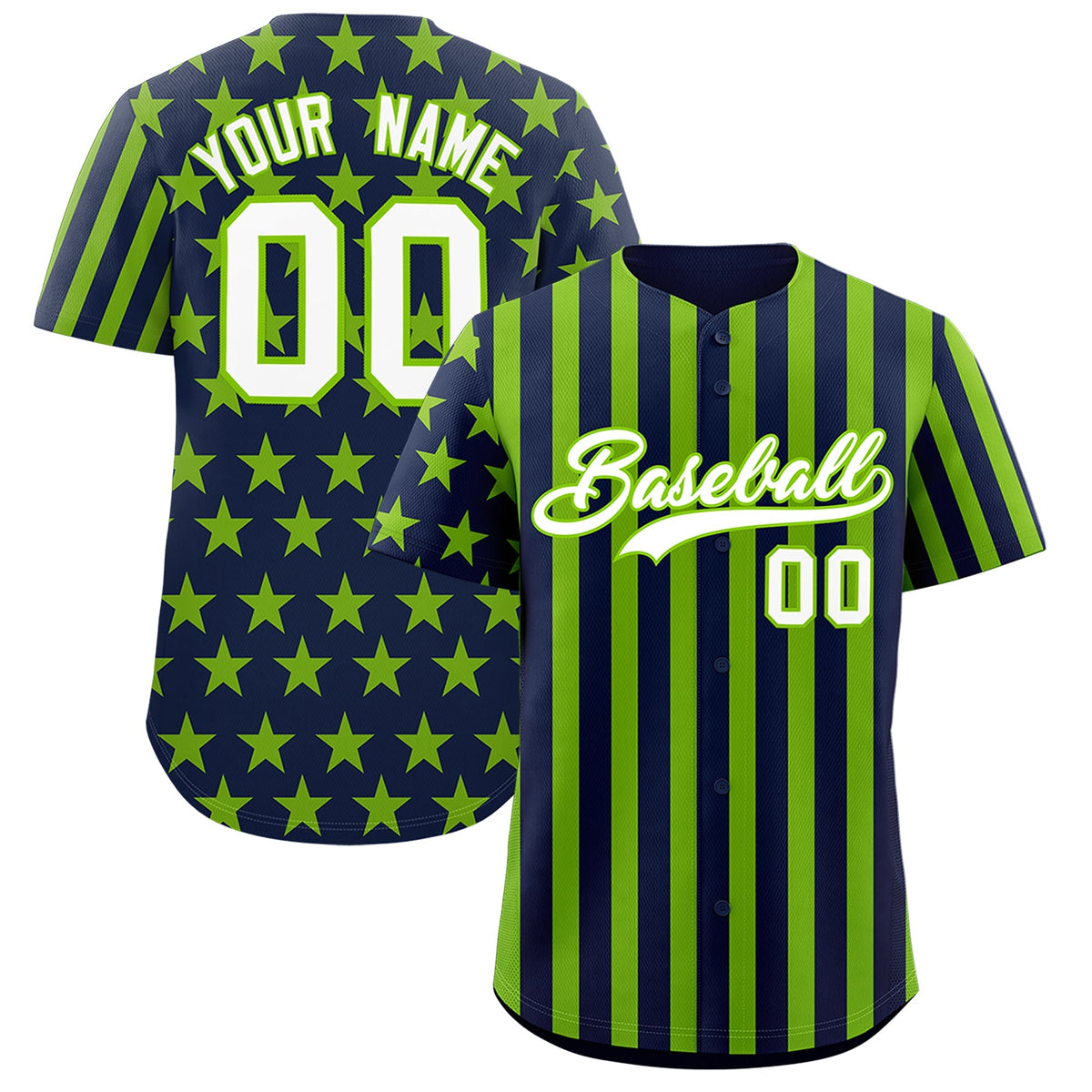 Custom Neon Green Navy American Flag Graffiti Pattern Baseball Jersey| KXKSHOP