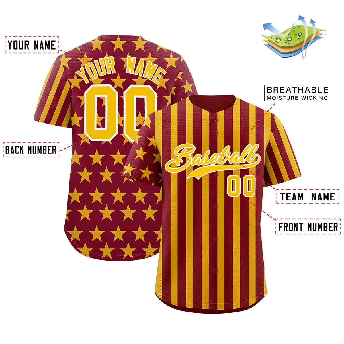Custom Crimson Gold American Flag Graffiti Pattern Baseball Jersey| KXKSHOP
