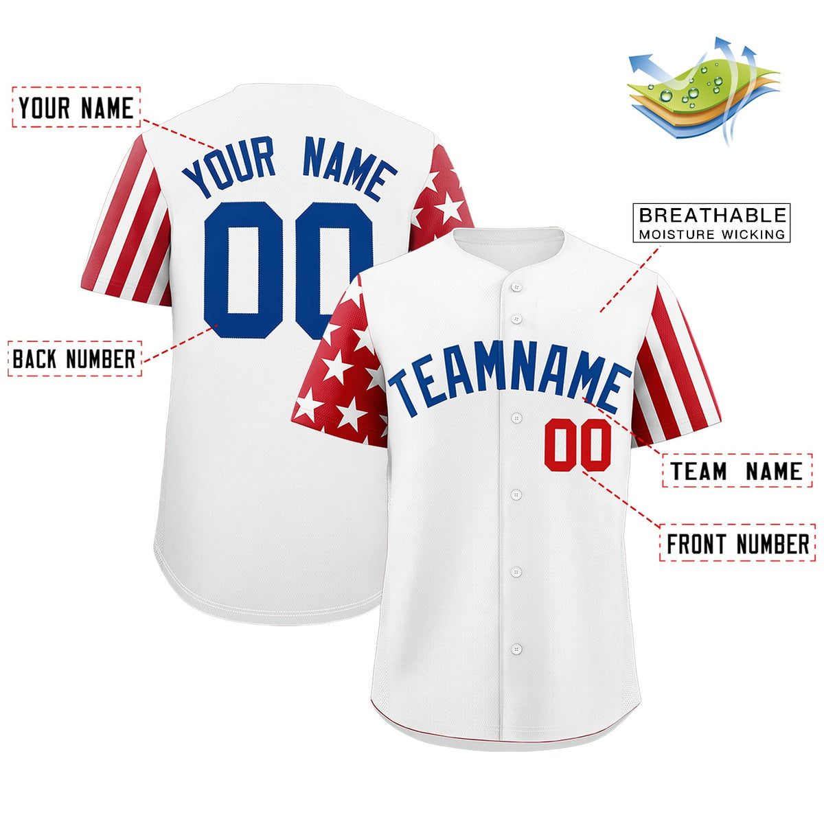 Custom White Red Royal Blue American Flag Raglan Sleeves Baseball Jersey| KXKSHOP