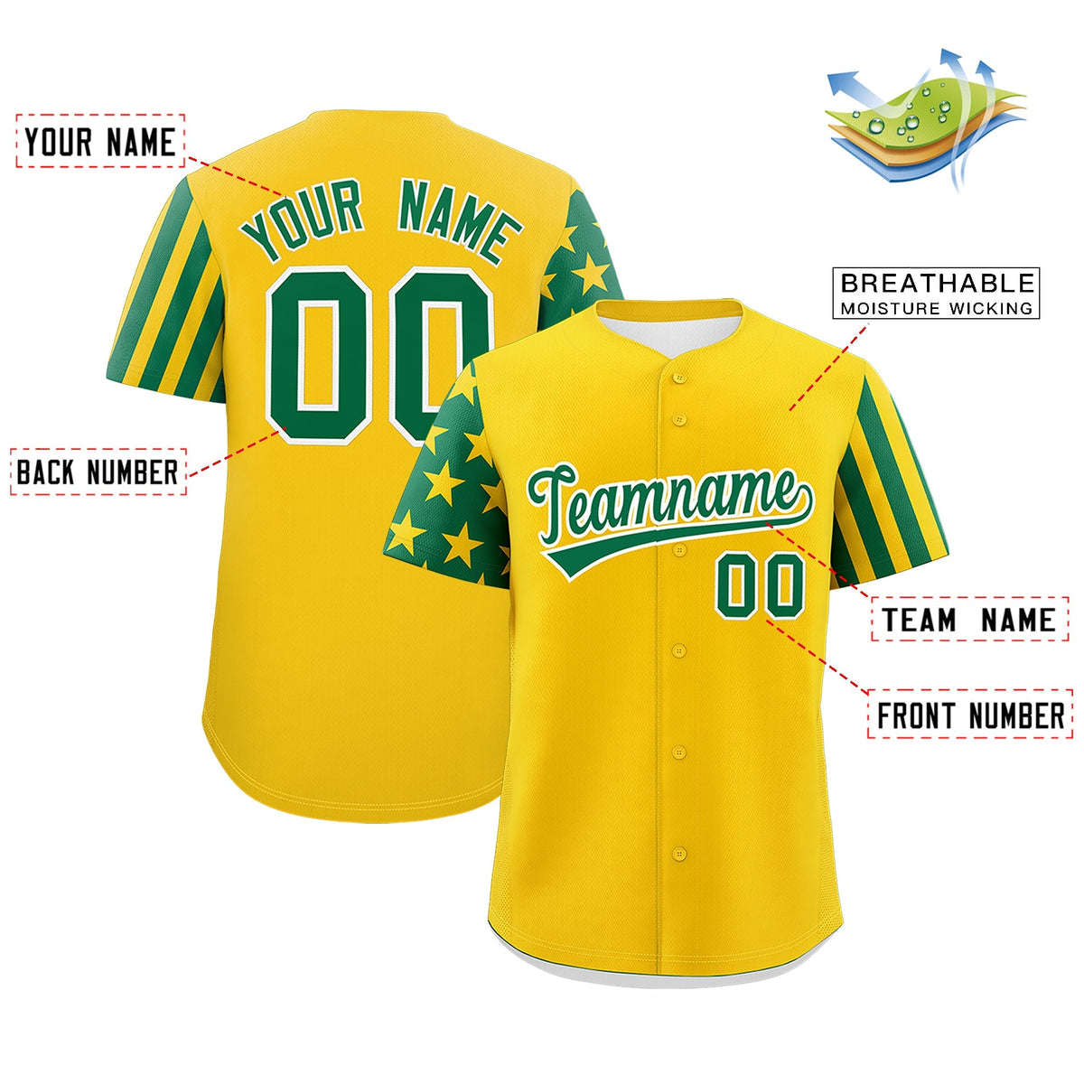 Custom Gold Kelly Green American Flag Raglan Sleeves Baseball Jersey| KXKSHOP