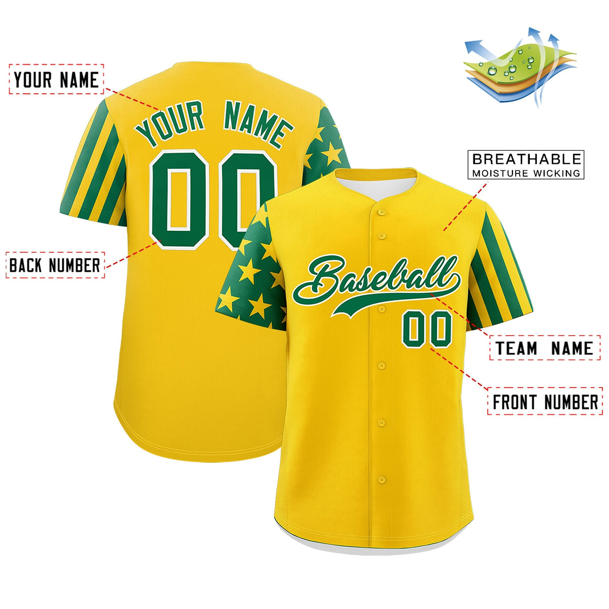 Custom Gold Kelly Green American Flag Raglan Sleeves Baseball Jersey| KXKSHOP