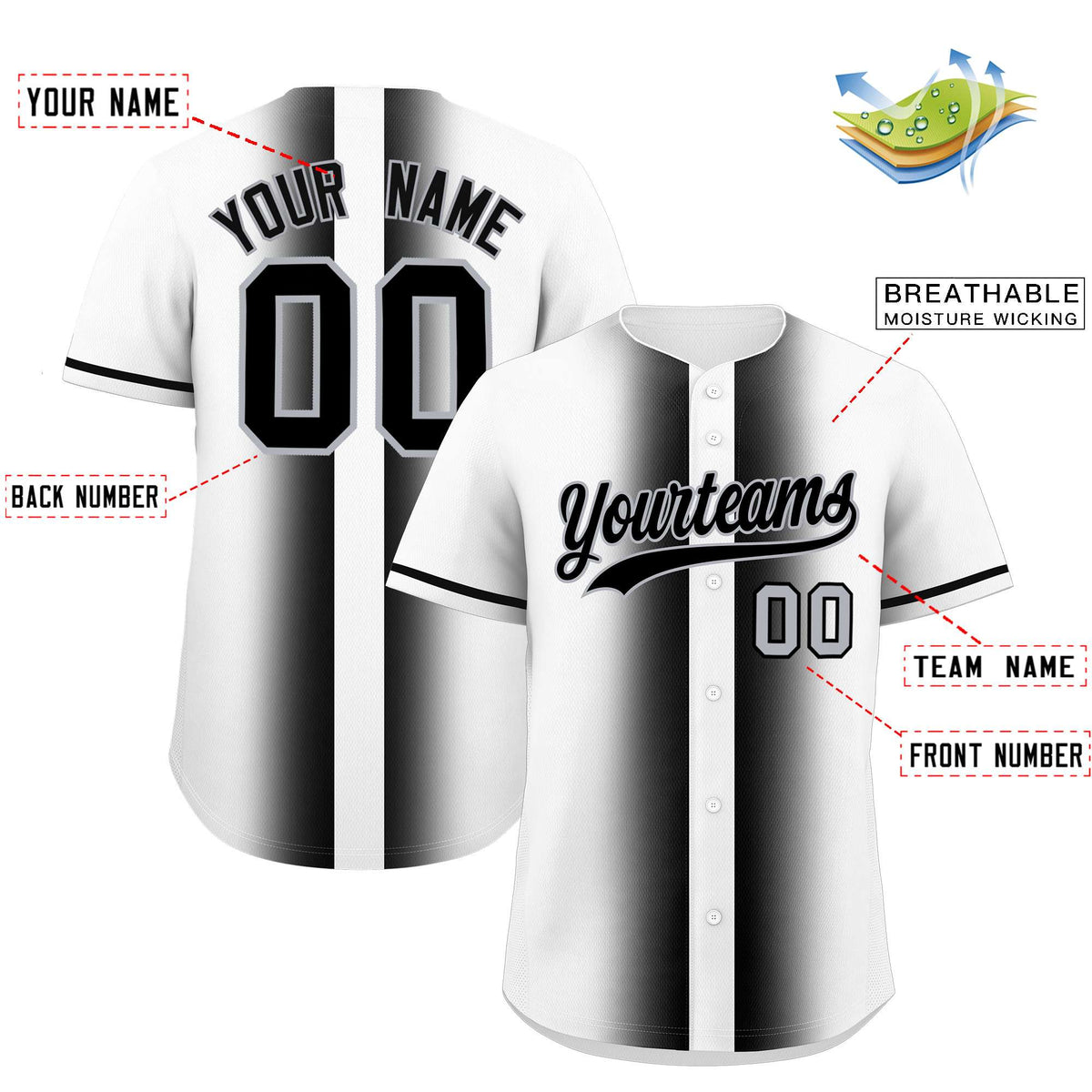 Custom White Black Lapel Gradient Fashion Authentic Baseball Jersey| KXKSHOP