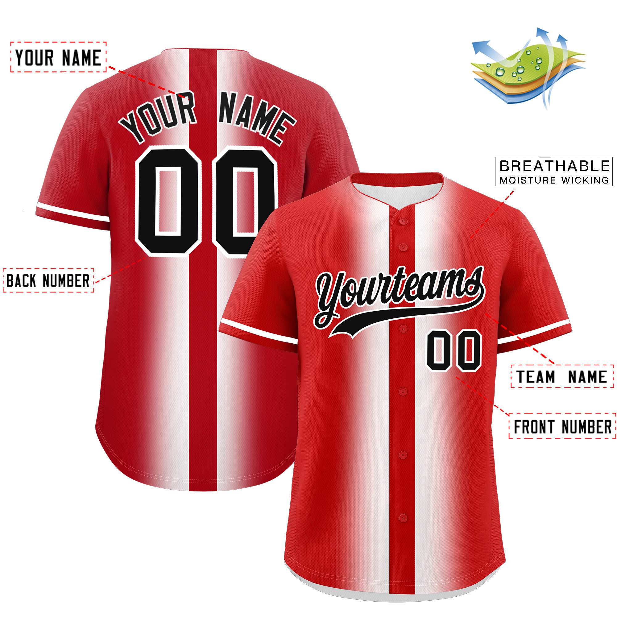 Custom Red White Lapel Gradient Fashion Authentic Baseball Jersey| KXKSHOP