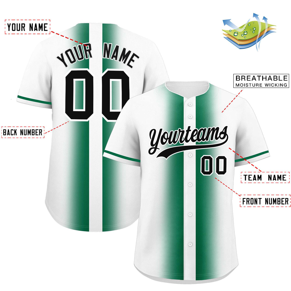 Custom White Kelly Green Lapel Gradient Fashion Authentic Baseball Jersey| KXKSHOP