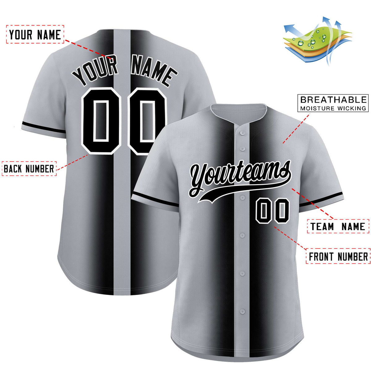 Custom Silver Black Lapel Gradient Fashion Authentic Baseball Jersey| KXKSHOP
