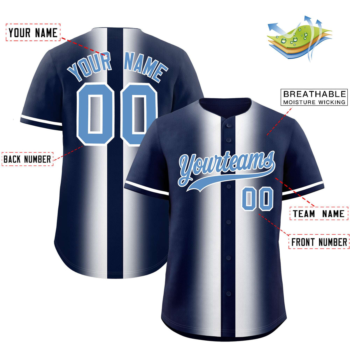 Custom Navy White Lapel Gradient Fashion Authentic Baseball Jersey| KXKSHOP