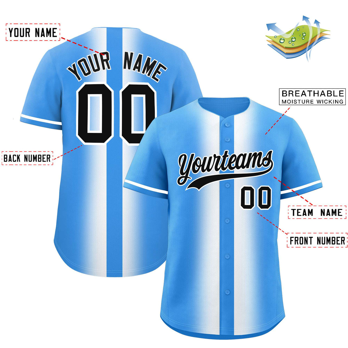 Custom Powder Blue White Lapel Gradient Fashion Authentic Baseball Jersey| KXKSHOP