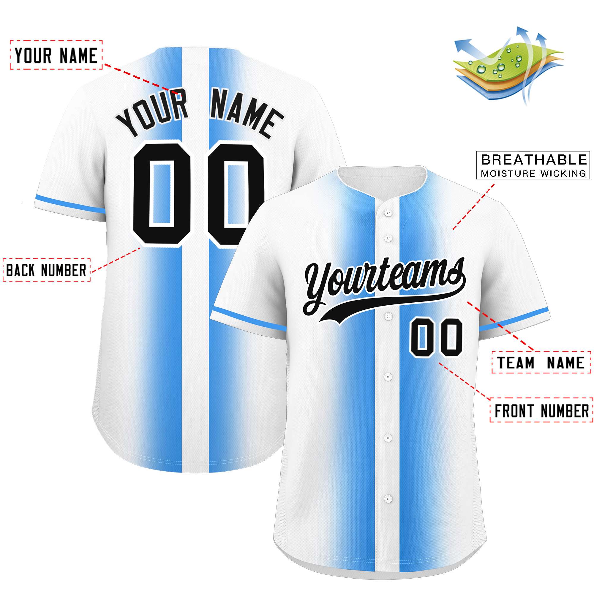 Custom White Powder Blue Lapel Gradient Fashion Authentic Baseball Jersey| KXKSHOP