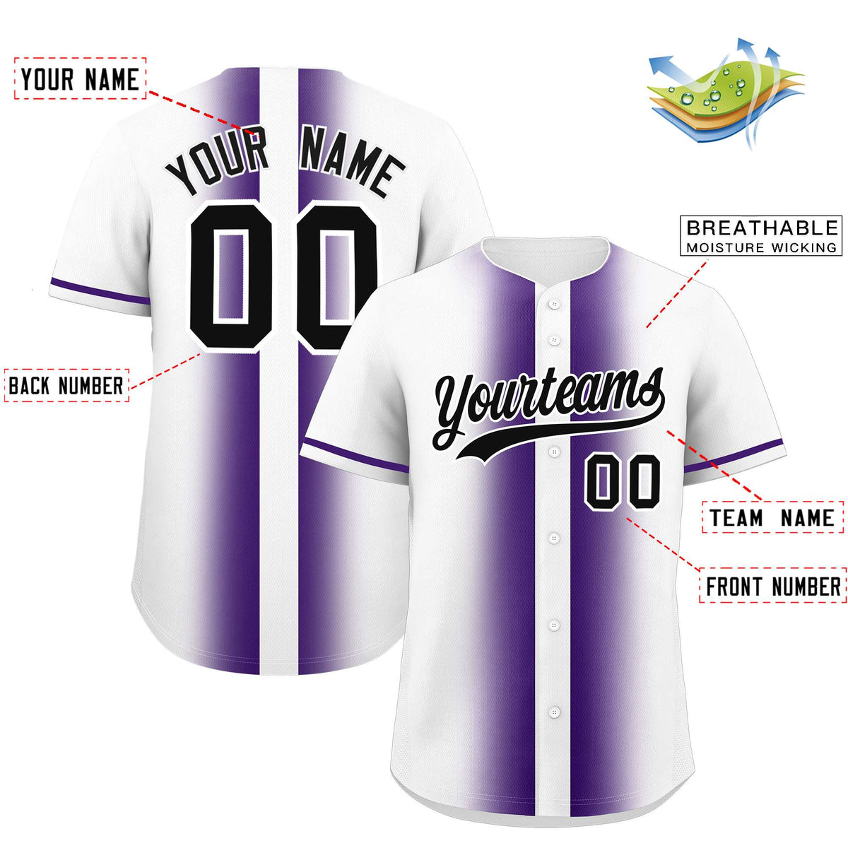Custom White Purple Lapel Gradient Fashion Authentic Baseball Jersey| KXKSHOP