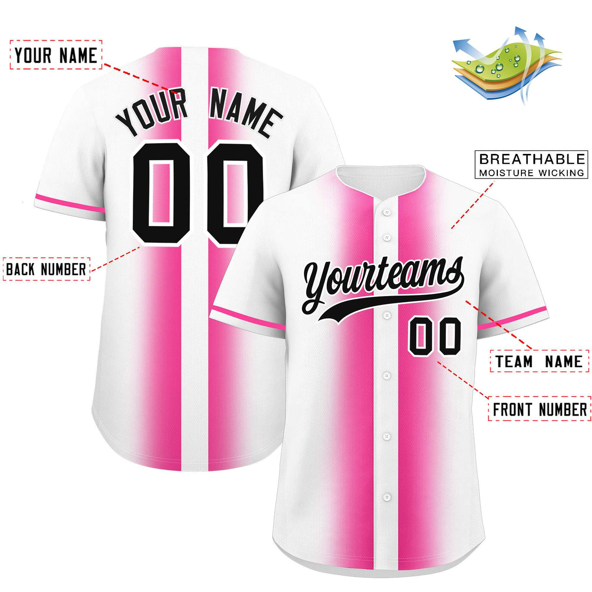 Custom White Pink Lapel Gradient Fashion Authentic Baseball Jersey| KXKSHOP