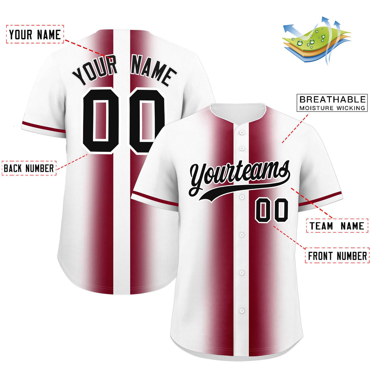 Custom White Crimson Lapel Gradient Fashion Authentic Baseball Jersey| KXKSHOP