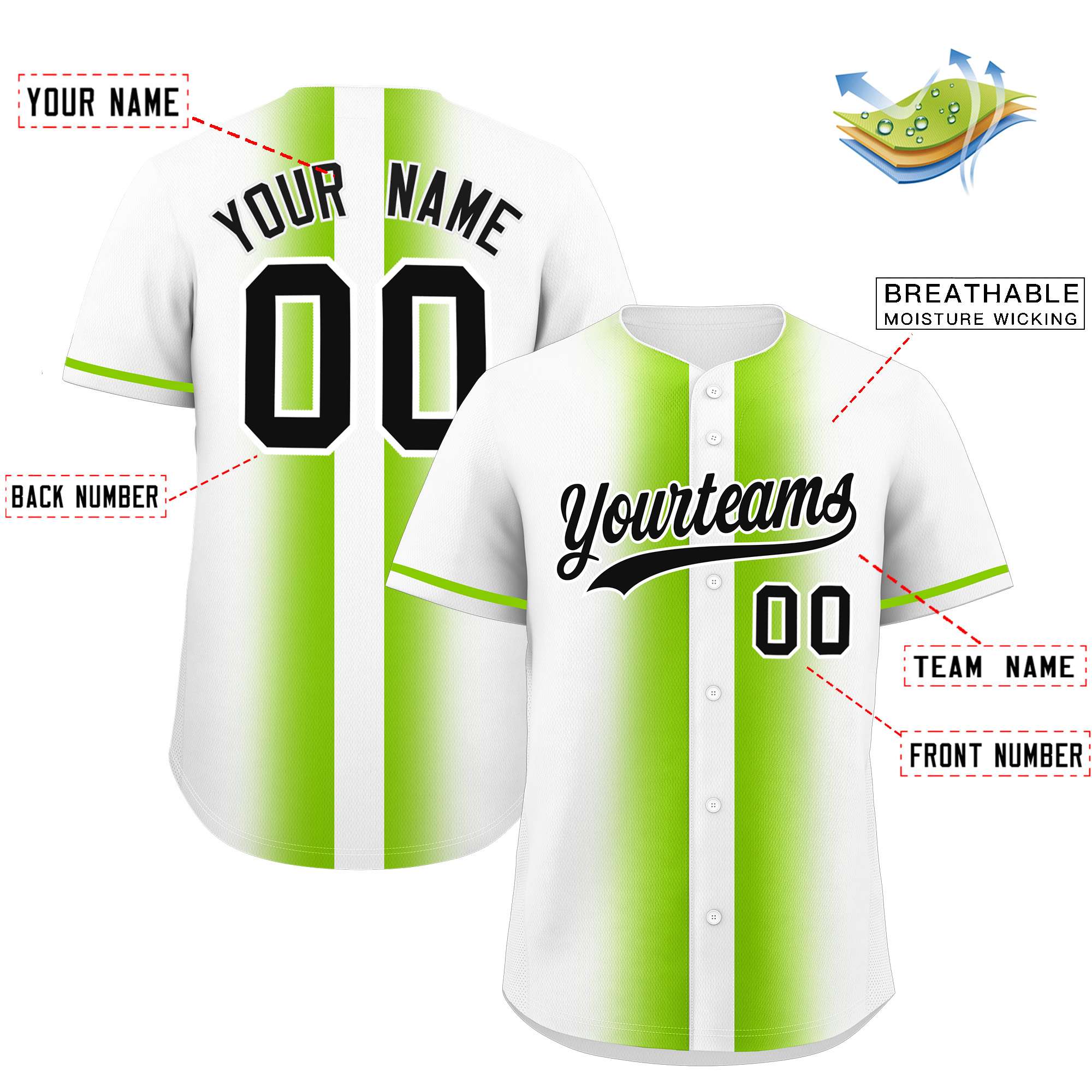 Custom White Neon Green Lapel Gradient Fashion Authentic Baseball Jersey| KXKSHOP