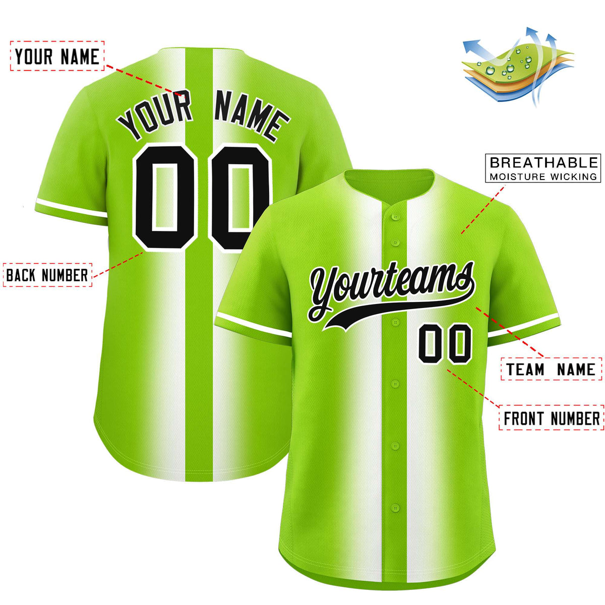 Custom Neon Green White Lapel Gradient Fashion Authentic Baseball Jersey| KXKSHOP