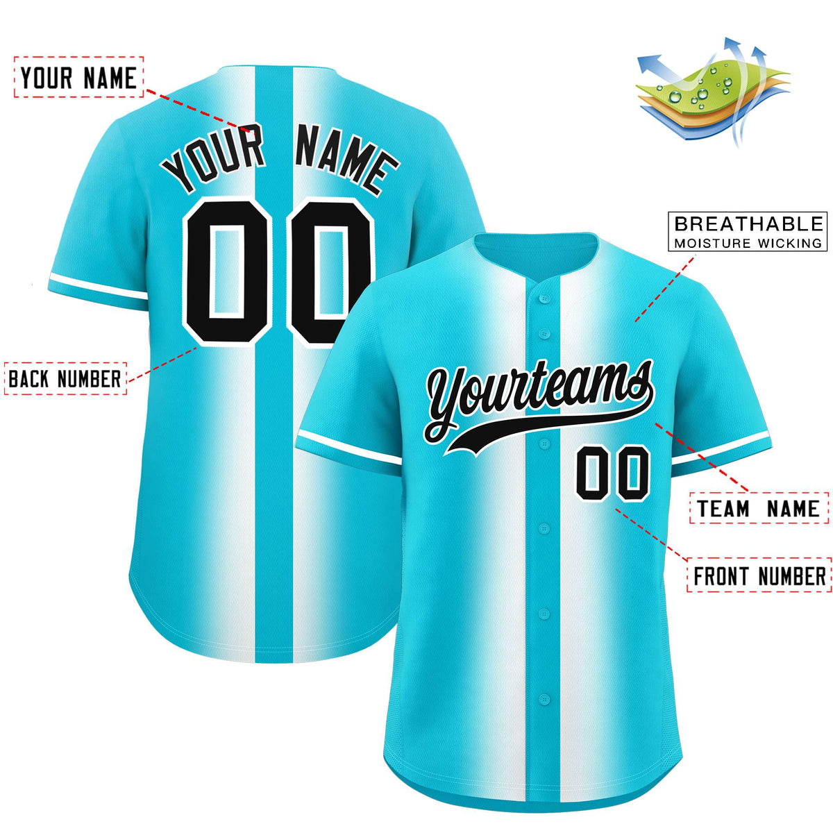 Custom Sky Blue White Lapel Gradient Fashion Authentic Baseball Jersey| KXKSHOP