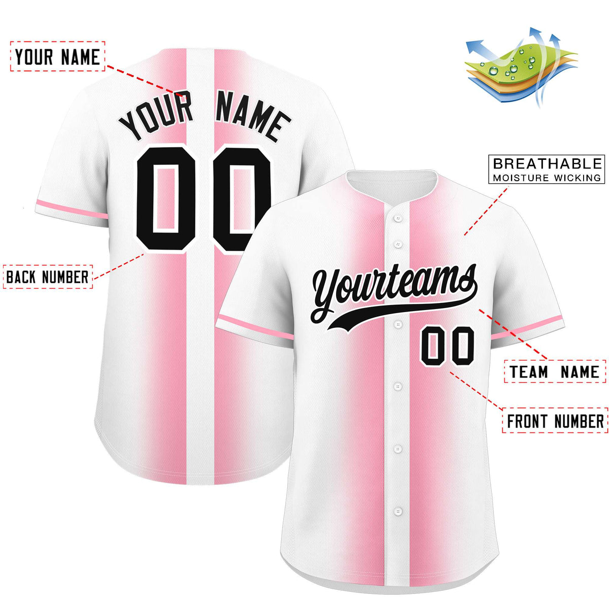 Custom White Light Pink Lapel Gradient Fashion Authentic Baseball Jersey| KXKSHOP